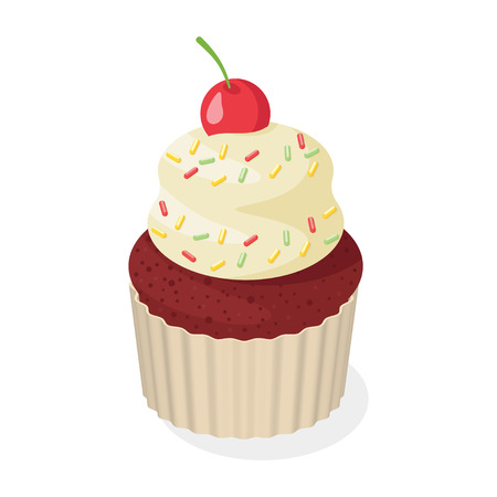 Isometric style 3d vector illustration of cupcake with cherry. Isolated on white background.のイラスト素材