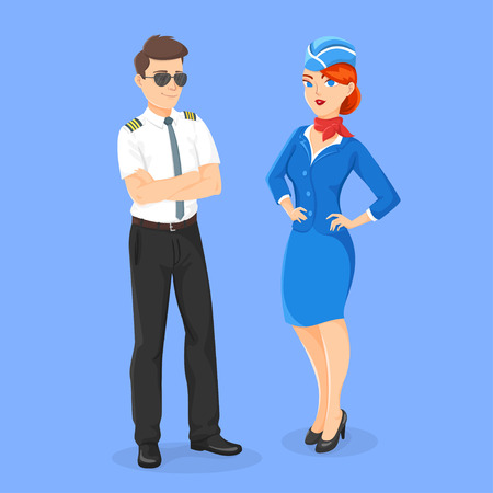Vector flat style illustration of aircrew: pilot and stewardess. Isolated on blue background. Icon for web.のイラスト素材