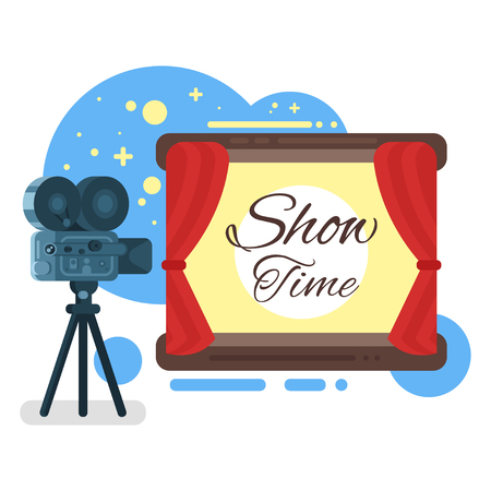 Vector flat style illustration of old cinema with inscription "Show time". Isolated on white background.のイラスト素材
