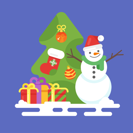 Vector flat style illustration with snowman, presents and Christmas tree. Template for New Year greeting card. Holiday greetings.のイラスト素材