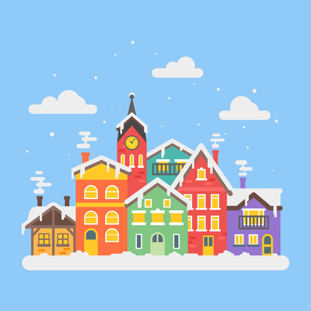 Vector flat style illustration of christmas winter city. Template for holiday greeting card. Isolated on white background.のイラスト素材