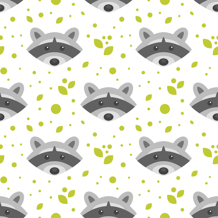 Vector flat style seamless pattern with raccoon. Isolated on white background.のイラスト素材