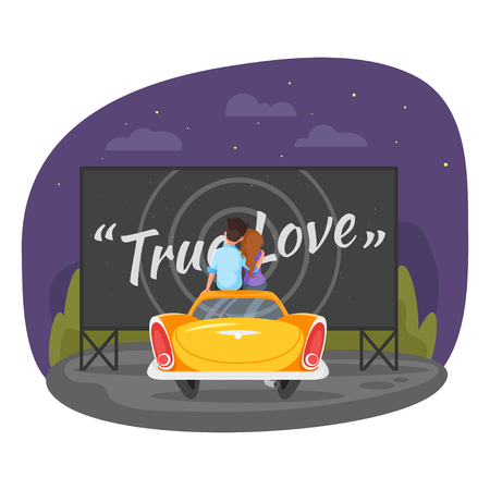 Vector cartoon style illustration of loving couple sitting on the vintage car and watching romantic movie in the parking lot. Isolated on white background.のイラスト素材
