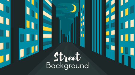 Vector flat style illustration of night city street.のイラスト素材