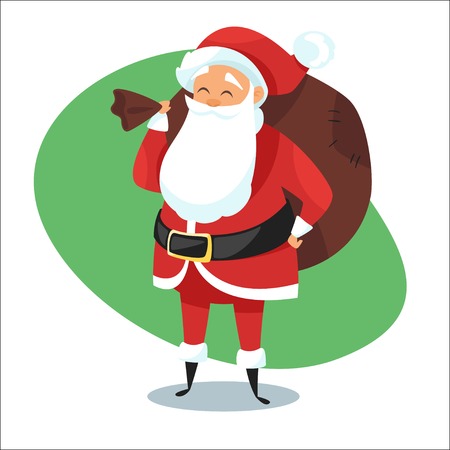 Vector cartoon style illustration of Santa with bag of gifts. Holiday greeting card template. Isolated on white background.のイラスト素材