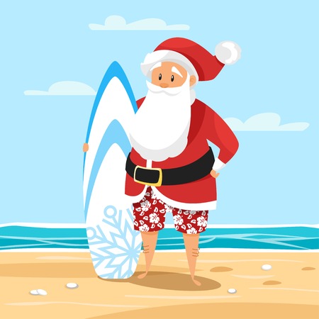 Vector cartoon style illustration of Santa surfer. Holiday greeting card template.のイラスト素材
