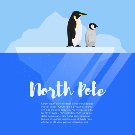 Vector flat style illustration of two penguins on the glacier In the open sea.  Background with title "North Pole".のイラスト素材