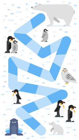 Vector flat style illustration of kids arctic animals board game template. For print.のイラスト素材