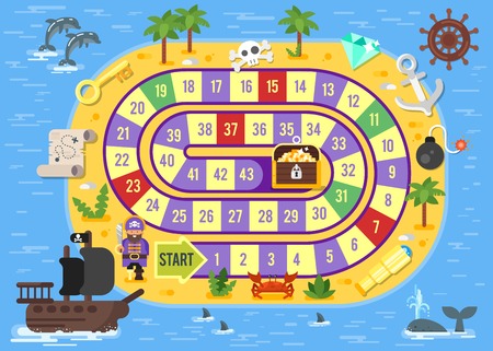 Vector flat style illustration of kids pirate board game template. For print.のイラスト素材