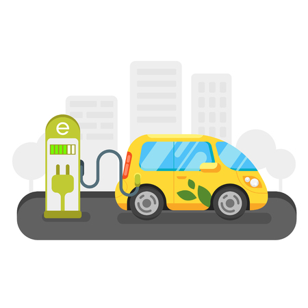 Vector flat style illustration of electric car. Eco-friendly transport. Isolated on white background. Icon for web.のイラスト素材