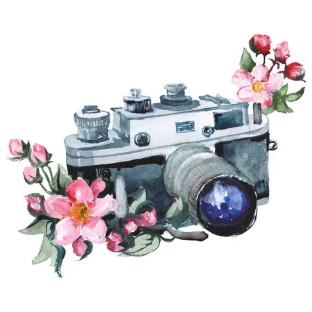 Watercolor raster illustration of vintage camera and flower. Raster design element.の写真素材