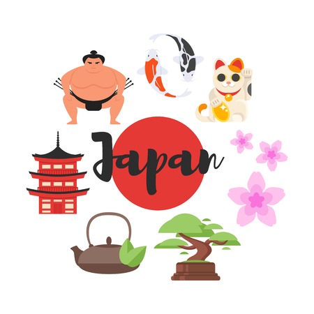 Vector flat style set of Japanese traditional objects. Icon for web. Isolated on white background.のイラスト素材