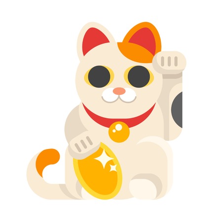 Vector flat style illustration of Japanese Lucky Cat Maneki Neko. Icon for web. Isolated on white background.のイラスト素材