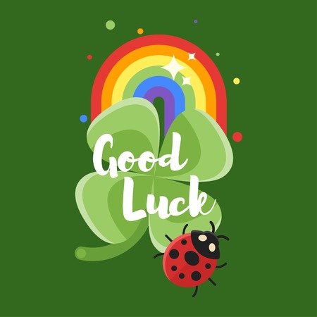 Vector flat style illustration of rainbow and clover. With title "God Luck". Icon for web. Isolated on green background.のイラスト素材
