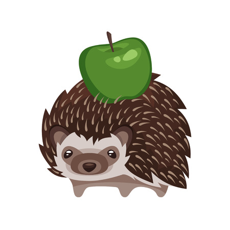 Vector cartoon style illustration of hedgehog with green apple. Icon for web. Isolated on white background.のイラスト素材