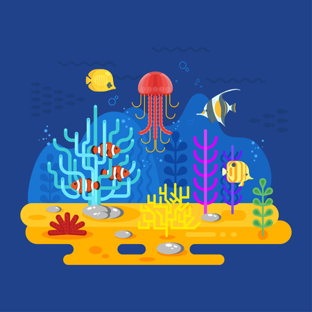 Vector flat style illustration of coral reef with fish. Icon for web. Isolated on blue background.のイラスト素材
