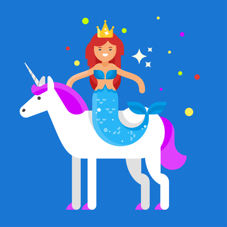 Vector flat style illustration of happy cute mermaid on unicorn. Icon for web. Isolated on white background.のイラスト素材