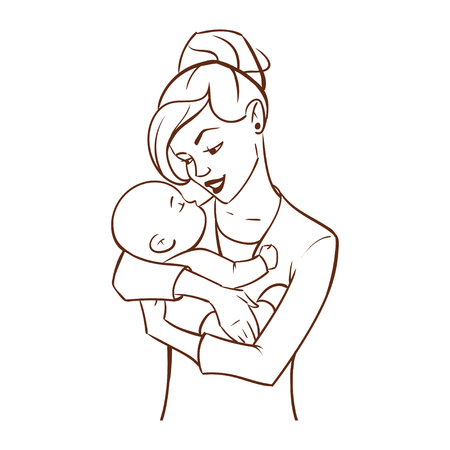 Vector hand drawn monochrome illustration of happy mother with a newborn baby.のイラスト素材