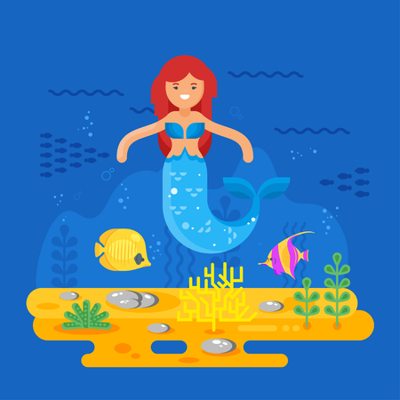 Vector flat style illustration of mermaid, coral reef, fish and sea life. Icon for web.のイラスト素材