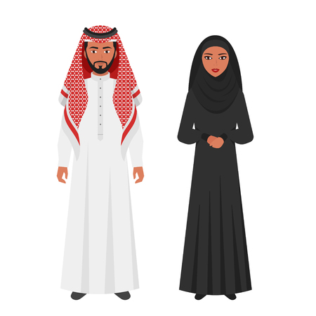 Vector flat style illustration of Muslim Arabic traditional clothing. Young Man and woman Isolated on white background. Icon for web.