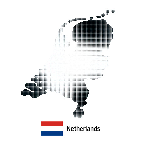 Vector abstract halftone illustration of Netherlands map with national flag. Isolated on white background.のイラスト素材
