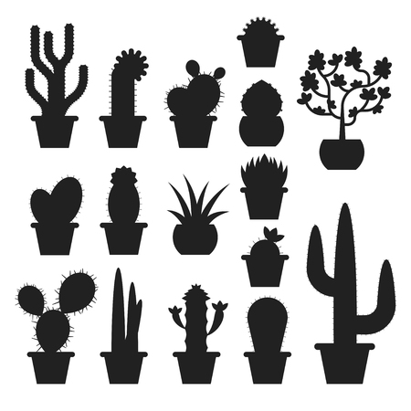 Vector monochrome set of various cactus in pots. Icon for web. Silhouettes isolated on white backgroundのイラスト素材