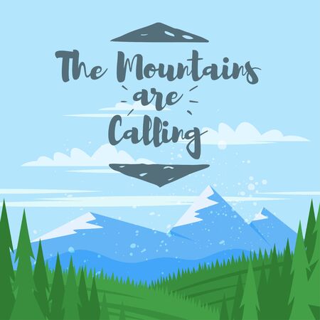 Vector cartoon style background with mountains and forest and the phrase "Mountains are calling"のイラスト素材