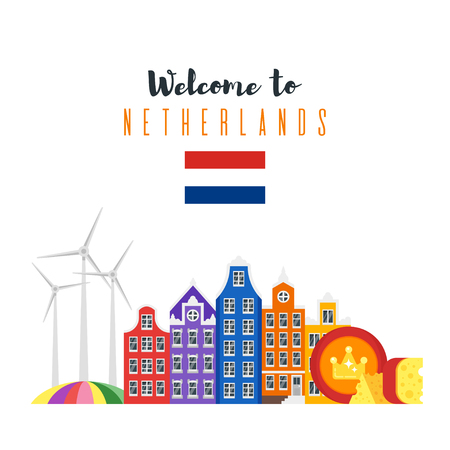 Vector flat style set of Netherlands national cultural symbols. Template for banner or poster for tourist. Isolated on white backgroundのイラスト素材