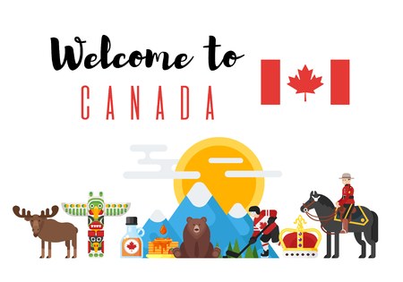 Vector flat style set of Canadian national cultural symbols. Welcome to Canada template for banner or poster for tourist. Isolated on white background.のイラスト素材