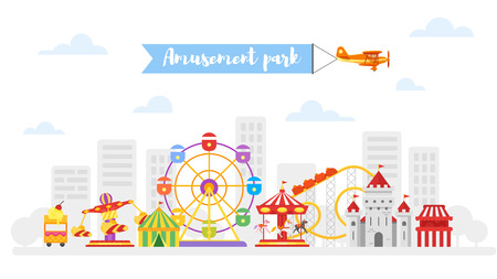 Vector flat style illustration of amusement park for kids. Isolated on white background.のイラスト素材