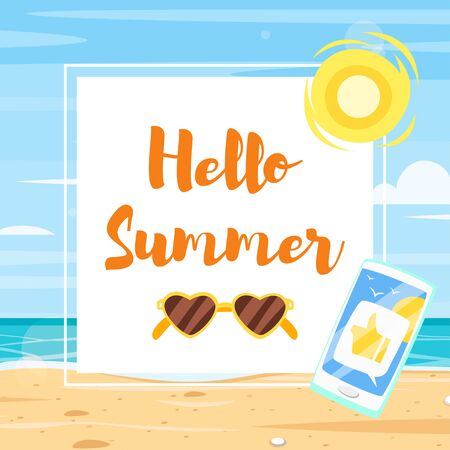 Vector cartoon style web banner template design white square for text and colorful beach elements around.のイラスト素材