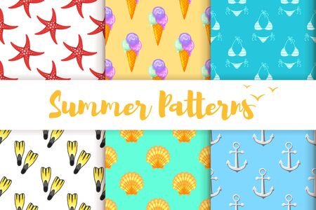 Vector cartoon style collection of summer colorful patterns.のイラスト素材