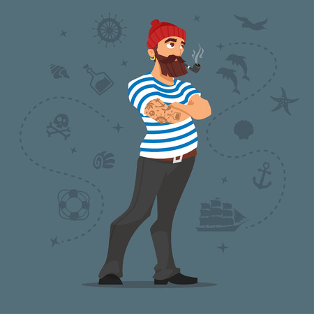 Vector cartoon style illustration of bearded sailor smoking pipe. Sea icons. Isolated on white background.のイラスト素材