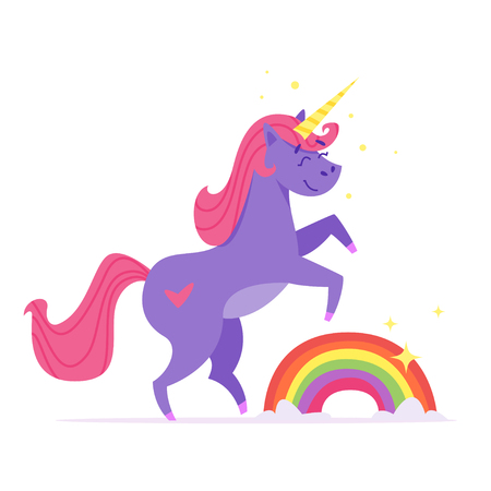 Vector cartoon style illustration of happy unicorn with rainbow. Isolated on white background.のイラスト素材
