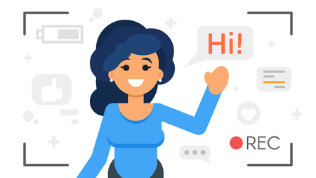 Vector flat style illustration of happy blogger girl. Handsome woman records video blog. Vlog concept.のイラスト素材