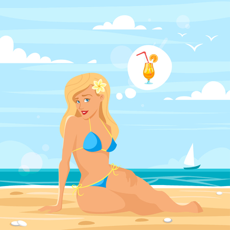 Vector cartoon style illustration of pretty blond woman on the beach with think bubble and fresh cocktail in it. Sea shore background.のイラスト素材