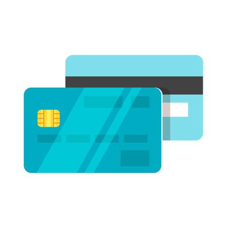 Vector flat style illustration of credit card. Back and front view. Isolated on white background. Icon for web.のイラスト素材