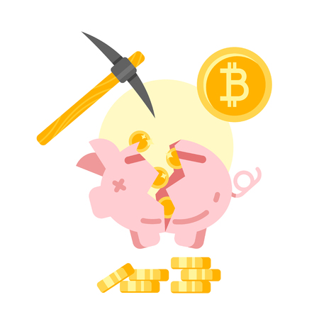 Vector flat style illustration of a broken piggy bank with golden bitcoins. Concept for bitcoin mining. Isolated on white background. Icon for web.のイラスト素材