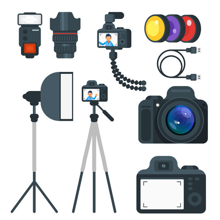 Vector flat style set of photo equipment. Isolated on white background.のイラスト素材