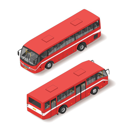 Vector 3d realistic isometric illustration of red bus. Back and front view. Isolated on white background.のイラスト素材