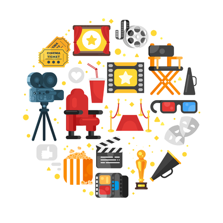 Vector flat style circle web banner template design with colorful movie elements around.のイラスト素材