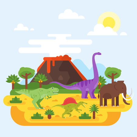 Vector flat style illustration of prehistoric landscape mountains and volcano with dinosaurs.のイラスト素材