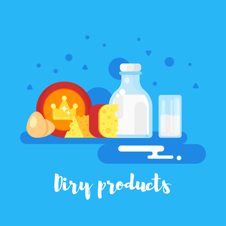 Vector flat style illustration of dairy products. Icon for web. Isolated on blue background.のイラスト素材