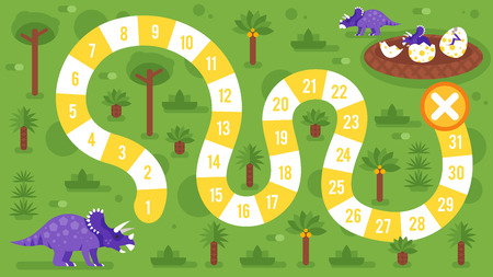 Vector flat style illustration of kids board game with dinosaurs template. For print.のイラスト素材