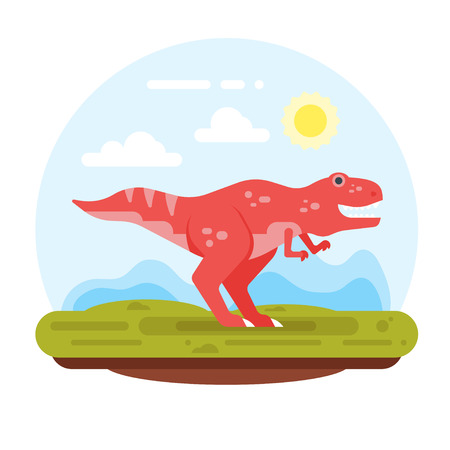 Vector flat style illustration of prehistoric landscape mountains and tyrannosaur. Isolated on white background.のイラスト素材