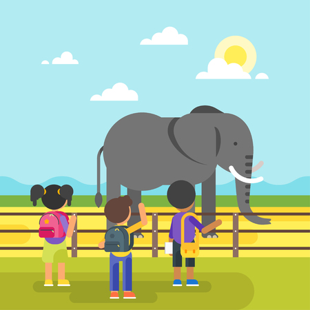 Vector flat style illustration of animals at the zoo. Kids are visiting zoo and looking at the elephant. Good sunny day.のイラスト素材