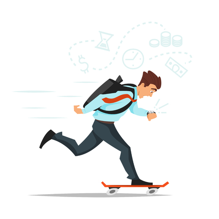 Vector cartoon style illustration of businessman on skateboard hurrying to the office. Business icons. Isolated oh white background.のイラスト素材
