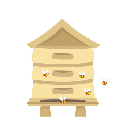 Vector cartoon style beehive for beekeeping agriculture with flying bees. Isolated on white background.のイラスト素材