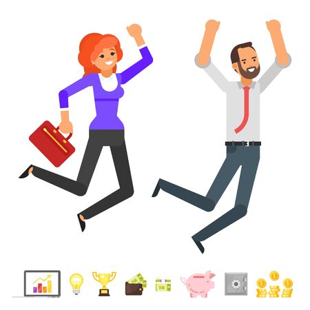 Vector flat style illustration of happy businessman and businesswoman characters jumping from success. Business icons. Isolated on white background.のイラスト素材