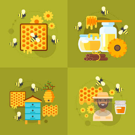 Vector flat style colorful honey and beekeeping illustrations.のイラスト素材